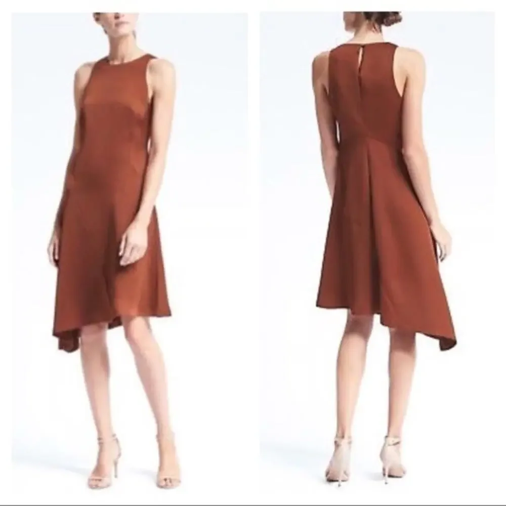 Banana Republic Bias Cut Midi Dress 10 Rust Mesquite Wood UEC Asymmetric Hem - Picture 1 of 10